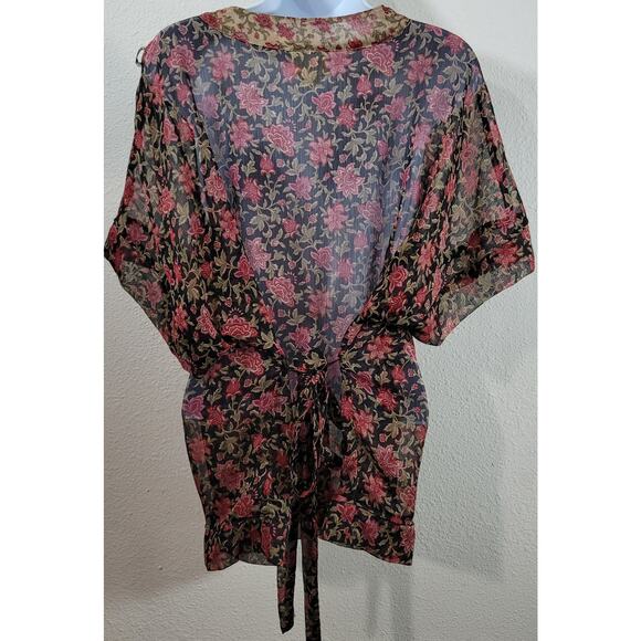 Converse Black Red Floral Sheer Button Up Top XL Lightweight Belted Soft Stretch - Picture 3 of 8